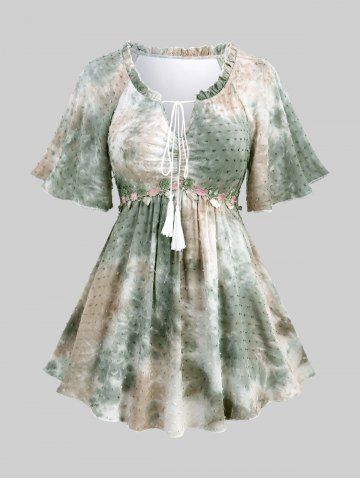 Plus Size Floral Applique Tied Tassel Ruched Ruffles Tie Dye Ombre Swiss Dot Blouse - DEEP GREEN - M | US 10