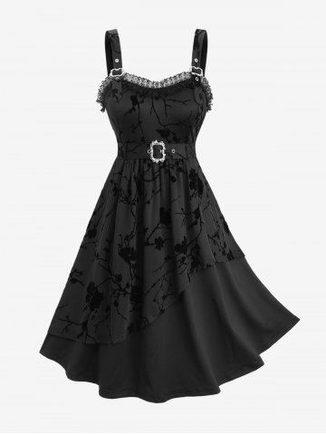 Plus Size Floral Flocking Layered Ruffles Lace Trim Buckle Belted Vintage A Line Tank Dress - BLACK - L | US 12