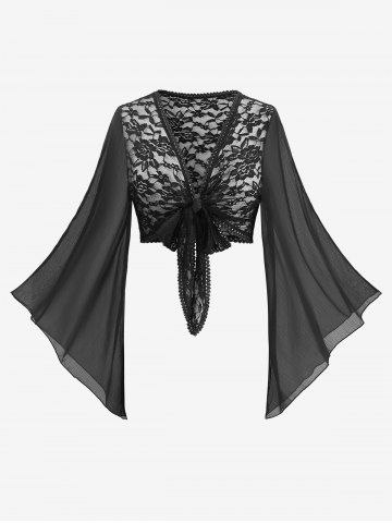 Plus Size Rose Flower Lace Knotted Flare Sleeves Chiffon Sheer Bolero Top - BLACK - 1X | US 14-16