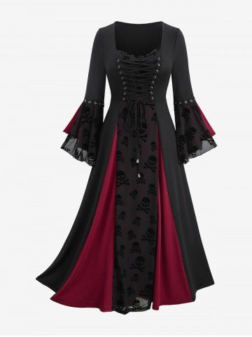 Gothic Halloween Plus Size Grommets Lace-up Skulls Flocking Mesh Patchwork Ruffles Flare Sleeve Medieval Renaissance Dress - BLACK - L | US 12