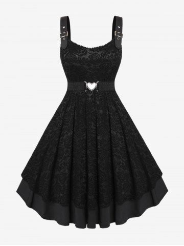 Plus Size Vintage Floral Lace Jacquard Buckled Straps Fit and Flare Belted Dress - BLACK - M | US 10