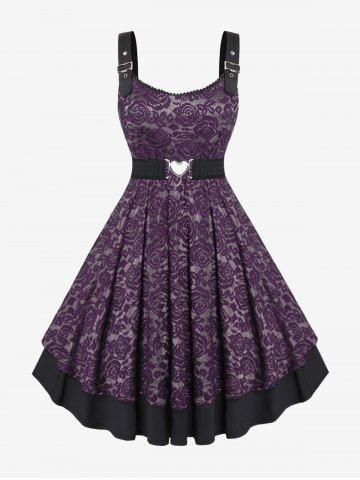 Plus Size Vintage Floral Lace Jacquard Buckled Straps Fit and Flare Belted Dress - CONCORD - M | US 10