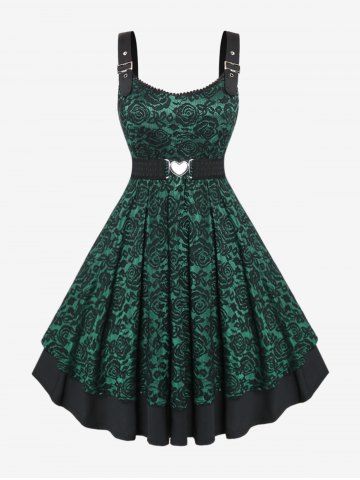 Plus Size Vintage Floral Lace Jacquard Buckled Straps Fit and Flare Belted Dress - DEEP GREEN - 1X | US 14-16