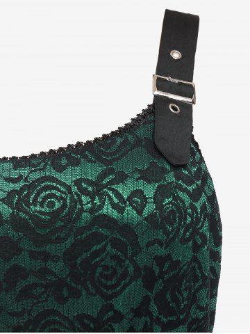 Plus Size Vintage Floral Lace Jacquard Buckled Straps Fit and Flare Belted Dress