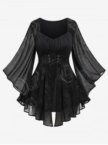 Plus Size Flare Sleeves Rose Flower Printed Lace Up Chiffon Layered Ruched Bust Valentines Top - BLACK - M | US 10