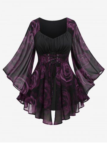 Plus Size Flare Sleeves Rose Flower Printed Lace Up Chiffon Layered Ruched Bust Valentines Top - CONCORD - M | US 10