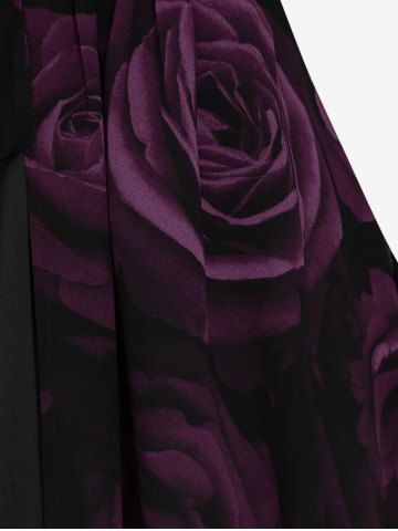 Plus Size Flare Sleeves Rose Flower Printed Lace Up Chiffon Layered Ruched Bust Valentines Top