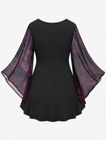 Plus Size Flare Sleeves Rose Flower Printed Lace Up Chiffon Layered Ruched Bust Valentines Top