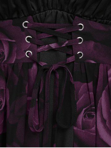 Plus Size Flare Sleeves Rose Flower Printed Lace Up Chiffon Layered Ruched Bust Valentines Top