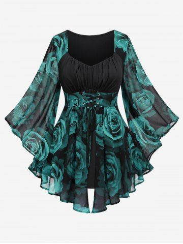 Plus Size Flare Sleeves Rose Flower Printed Lace Up Chiffon Layered Ruched Bust Valentines Top - DEEP GREEN - 1X | US 14-16