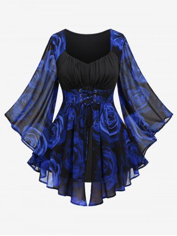 Plus Size Flare Sleeves Rose Flower Printed Lace Up Chiffon Layered Ruched Bust Valentines Top - BLUE - M | US 10