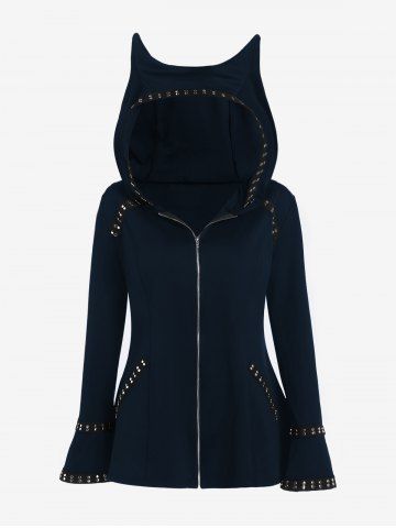 Plus Size Animal Ear Hooded Studded Full Zipper Jacket - MIDNIGHT BLUE - M | US 10