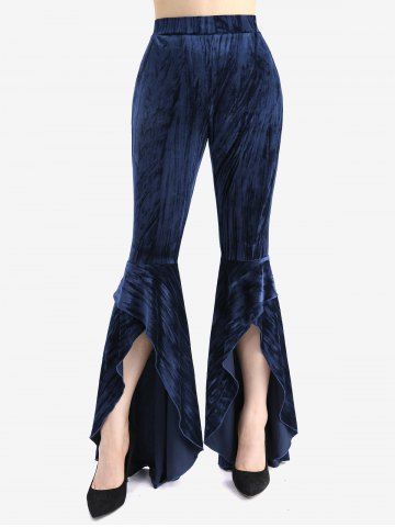 Pantalon Evasé Asymétrique Haut Bas de Grande Taille avec Poche en Velours à Paillette - DEEP BLUE - L | US 12