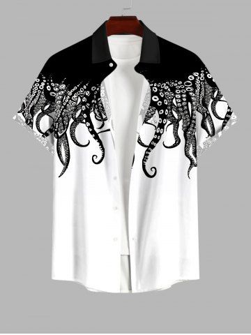 Plus Size Octopus Two Tone Print Button Pocket Shirt For Men