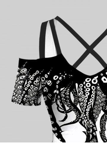 Plus Size Cold Shoulder Octopus Two Tone Print Crisscross A Line Maxi Dress