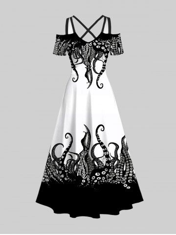 Plus Size Cold Shoulder Octopus Two Tone Print Crisscross A Line Maxi Dress - BLACK - 2X
