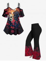 Ensemble de T-shirt Ombré Rose Fleur et de Pantalon Evasé à Bretelle de Grande Taille - Noir 