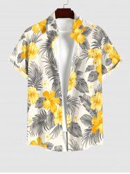 Plus Size Tropical Leaf Hibiscus Flowers Print Buttons Pocket Hawaii Shirt For Men -  