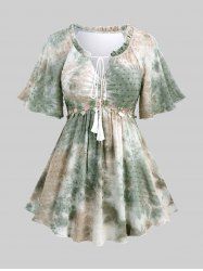 Plus Size Floral Applique Tied Tassel Ruched Ruffles Tie Dye Ombre Swiss Dot Blouse -  