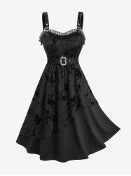 Plus Size Floral Flocking Layered Ruffles Lace Trim Buckle Belted Vintage A Line Gothic Tank Dress -  