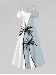 Maxi Robe Portable Croisée Arbre de Noix de Coco Imprimé à Epaule Dénudée de Grande Taille - Multi-A XXS