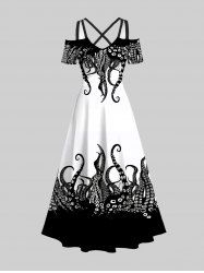 Plus Size Cold Shoulder Octopus Two Tone Print Crisscross A Line Maxi Dress -  