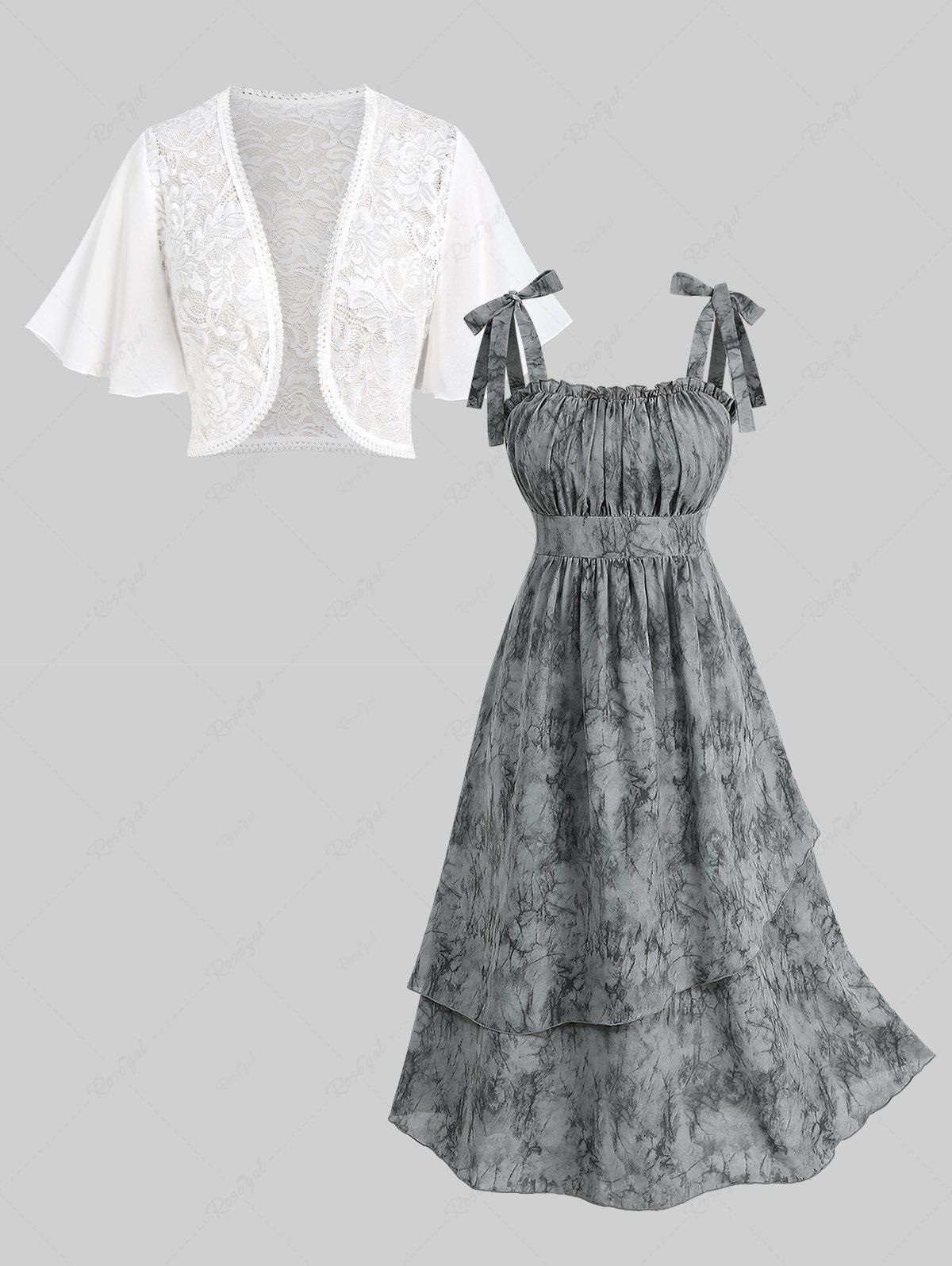 Hot Ruched Bust Ombre Tie Dye Print Layered Dress and Lace Bolero Jacket Plus Size Outfit  