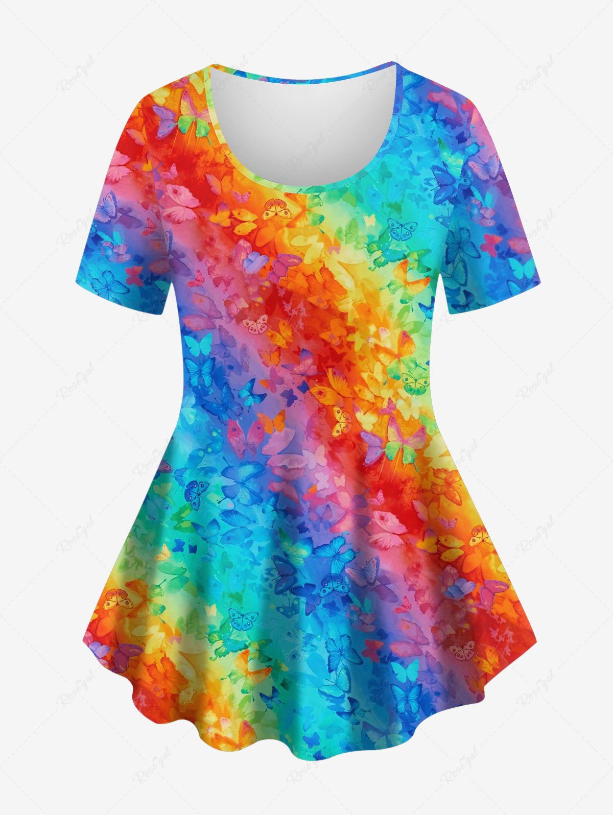 Chic Plus Size Rainbow Colorblock Colorful Butterfly Print T-shirt  
