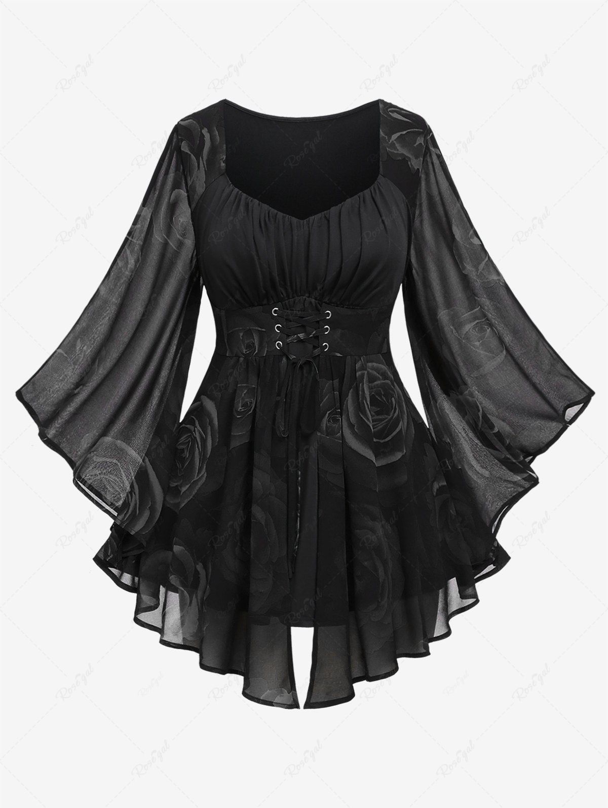 T-shirt en Mousseline Plissée Imprimé de Rose et Manches Evasées Noir M | US 10