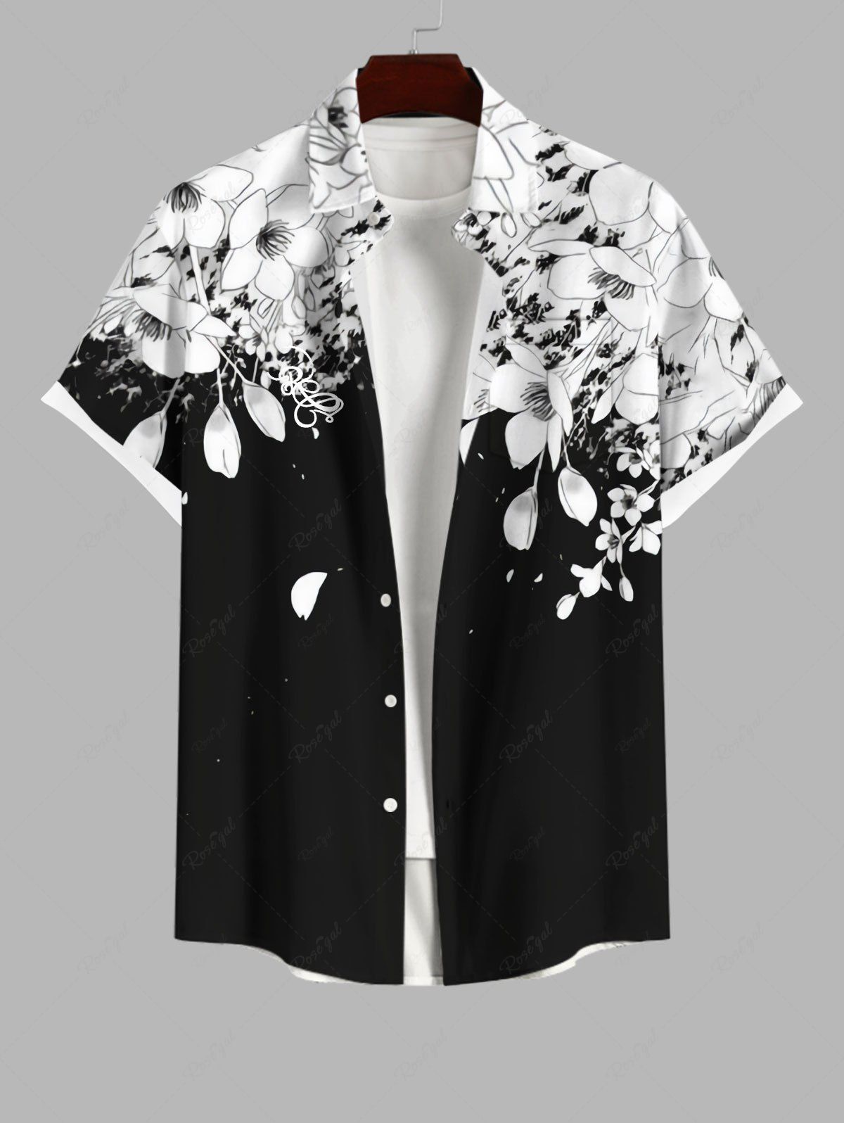 Online Plus Size Floral Two Tone Print Hawaii Button Pocket Shirt For Men  