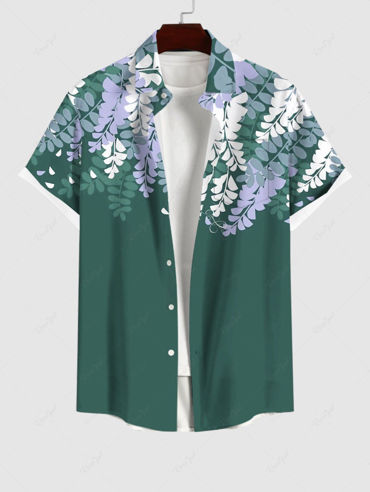 Trendy Plus Size Branch Leaves Print Hawaii Ombre Button Pocket Shirt For Men  