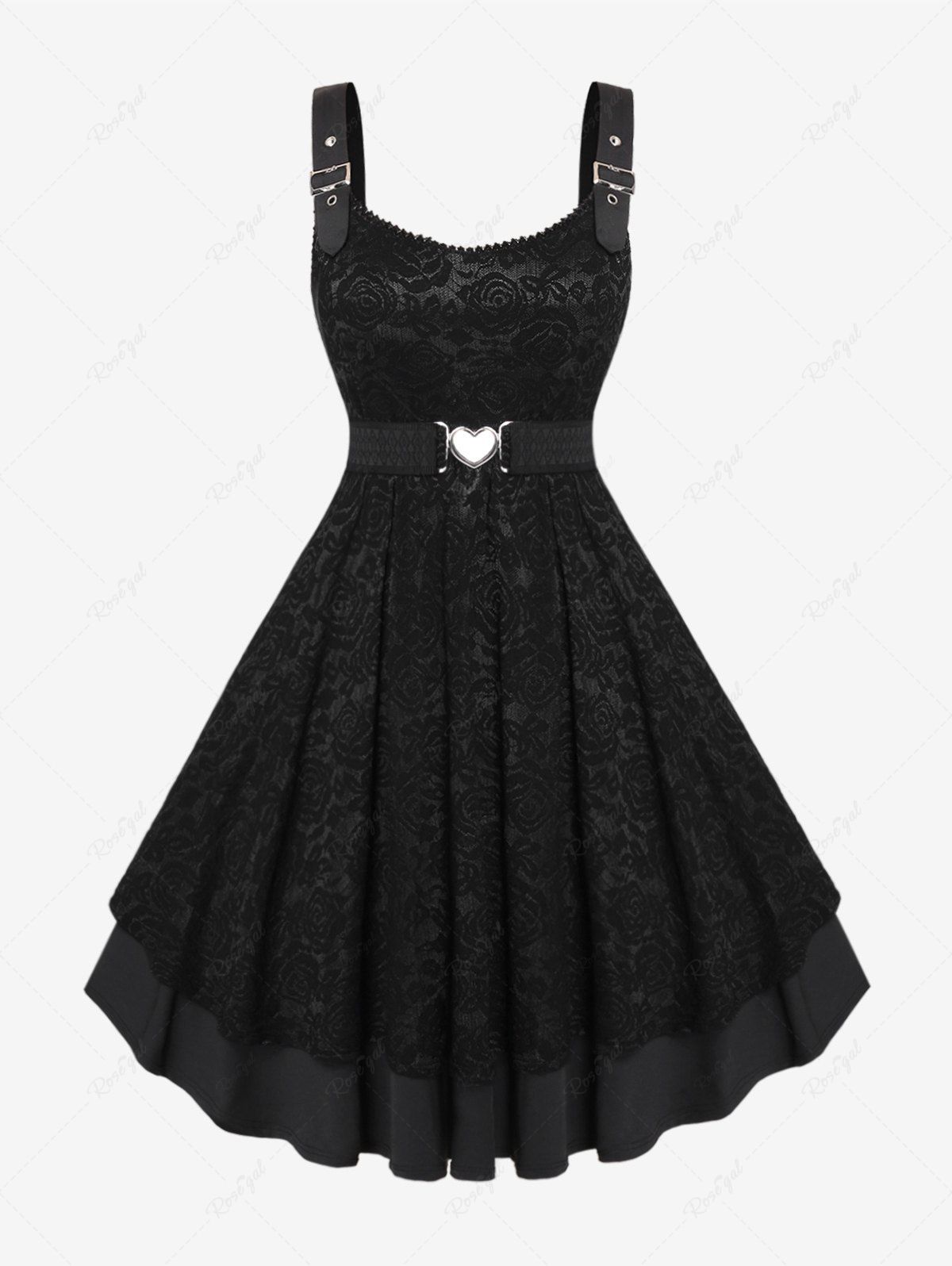 Shop Plus Size Vintage Floral Lace Jacquard Buckled Straps Fit and Flare Belted Dress  