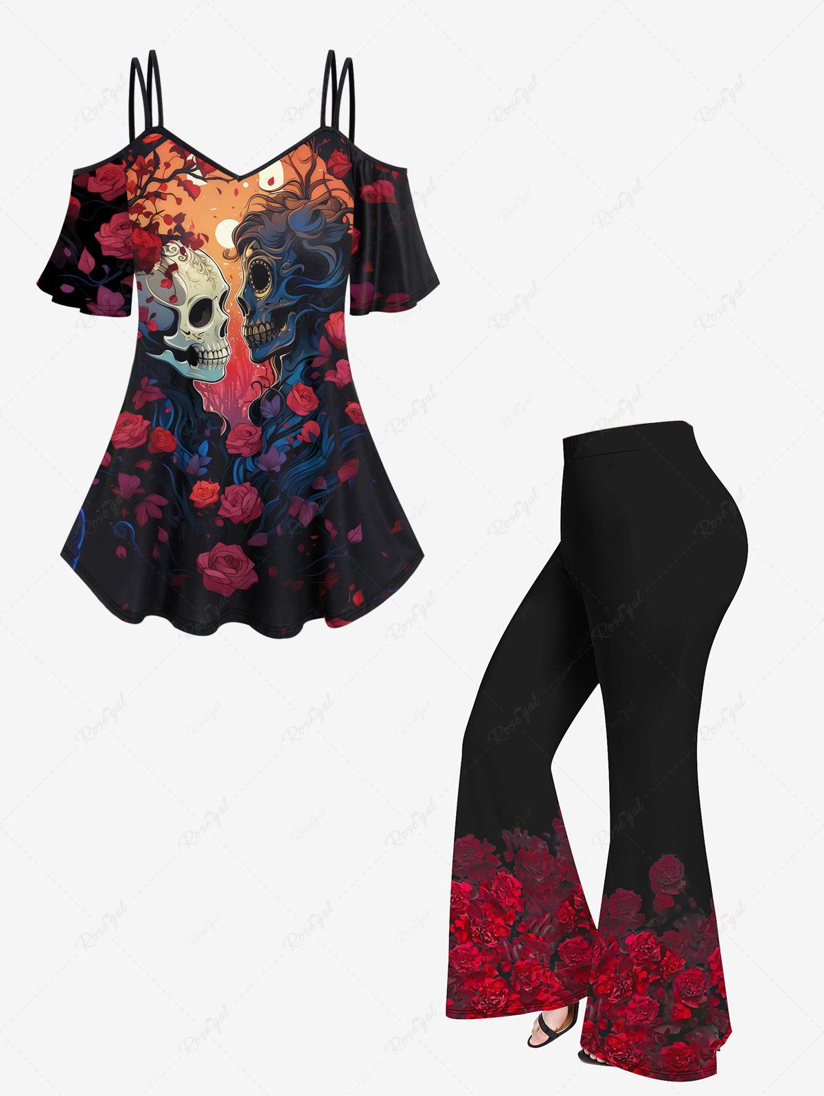 Ensemble de T-shirt Ombré Rose Fleur et de Pantalon Evasé à Bretelle de Grande Taille Noir 