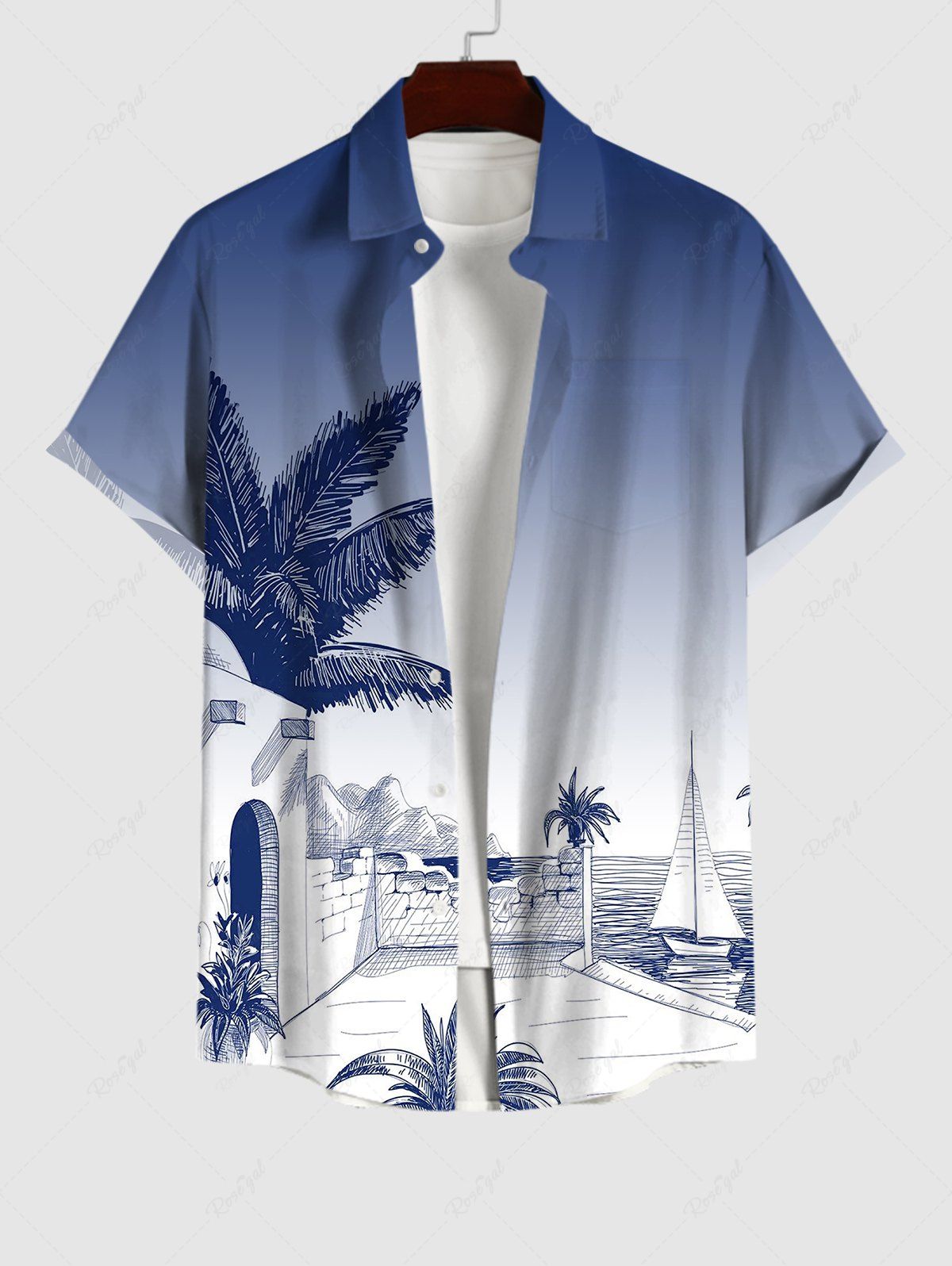 Discount Plus Size Coconut Tree Seascape Dip Dye Print Hawaii Ombre Button Pocket Shirt For Men  