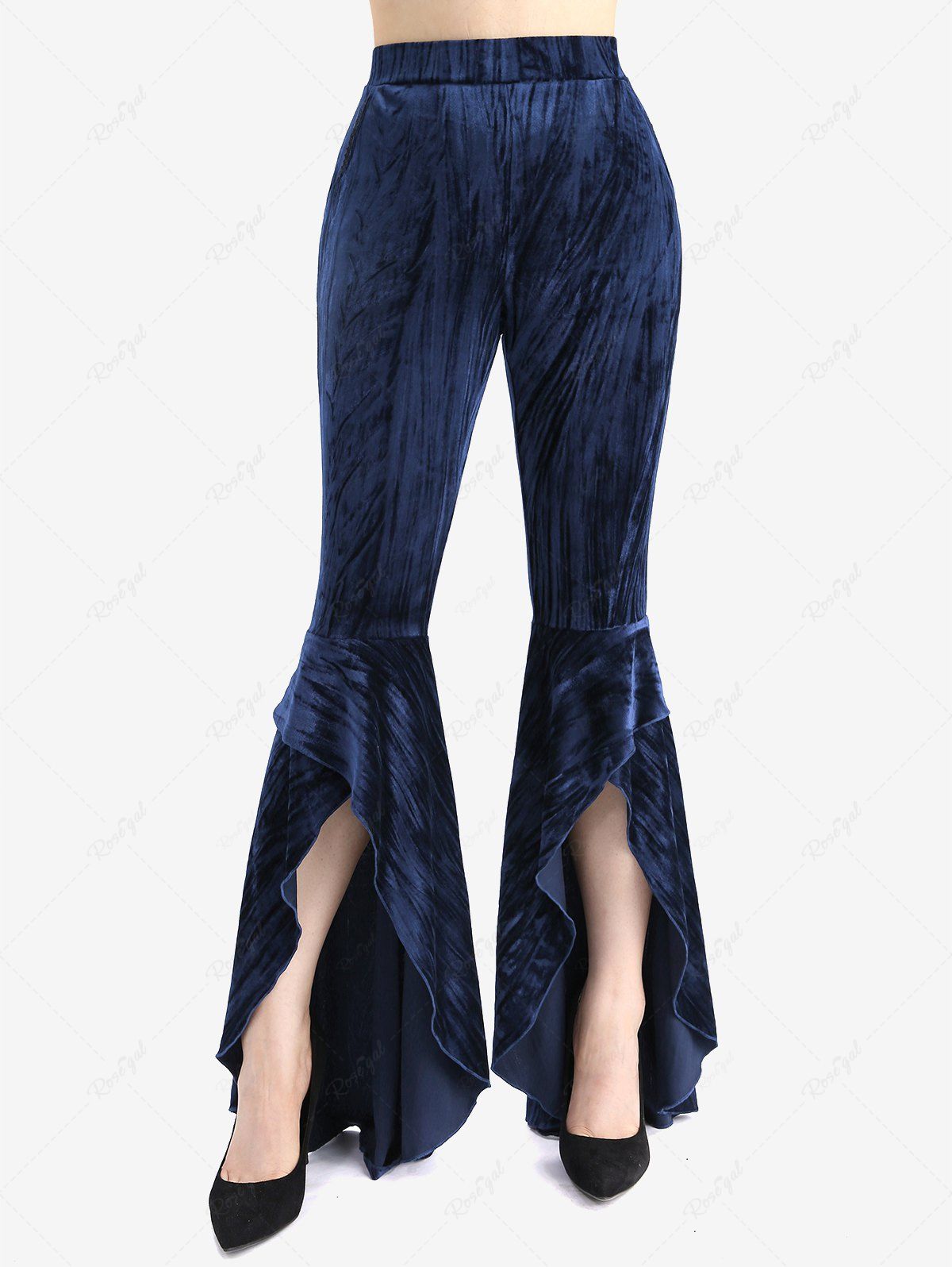 Unique Plus Size Glitter Ruffles High Low Asymmetric Velvet Pocket Flare Pants  