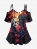 Ensemble de T-shirt Ombré Rose Fleur et de Pantalon Evasé à Bretelle de Grande Taille - Noir 