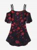Ensemble de T-shirt Ombré Rose Fleur et de Pantalon Evasé à Bretelle de Grande Taille - Noir 