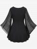 T-shirt en Mousseline Plissée Imprimé de Rose et Manches Evasées - Noir 5x | US 30-32