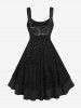 Plus Size Vintage Floral Lace Jacquard Buckled Straps Fit and Flare Belted Dress -  