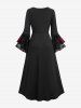 Gothic Halloween Plus Size Grommets Lace-up Skulls Flocking Mesh Patchwork Ruffles Flare Sleeve Medieval Renaissance Dress -  