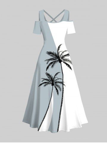 Coconut Tree Colorblock Print Plus Size Matching Hawaii Beach Outfit For Couples