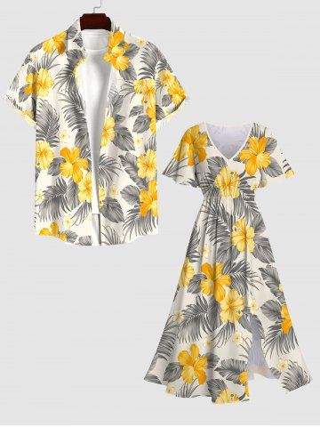 Tropical Leaf Hibiscus Flowers Print Plus Size Matching Hawaii Beach Outfit For Couples - YELLOW