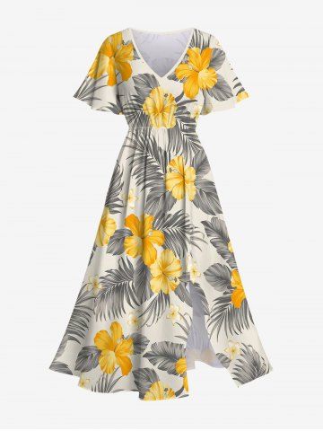 Tropical Leaf Hibiscus Flowers Print Plus Size Matching Hawaii Beach Outfit For Couples