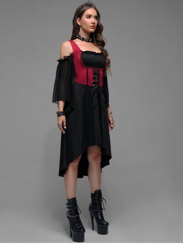 Plus Size Lace Up Cold Shoulder Flare Sleeves High Low Ruched Renaissance Corset Dress