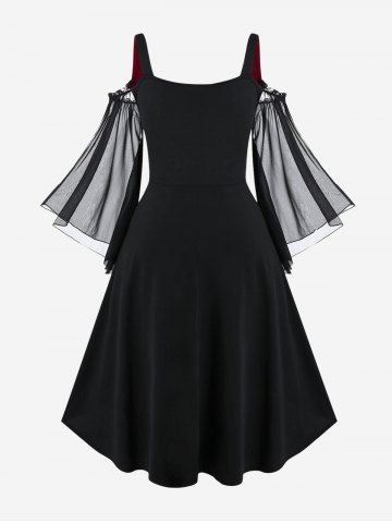 Plus Size Lace Up Cold Shoulder Flare Sleeves High Low Ruched Renaissance Corset Dress