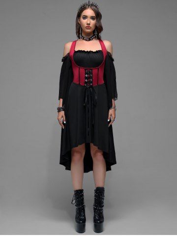 Plus Size Lace Up Cold Shoulder Flare Sleeves High Low Ruched Renaissance Corset Dress