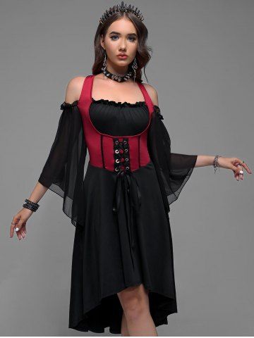 Plus Size Lace Up Cold Shoulder Flare Sleeves High Low Ruched Renaissance Corset Dress - RED - 1X | US 14-16