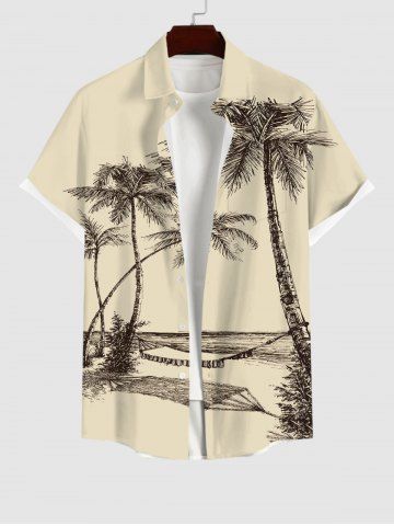 Plus Size Coconut Tree Hammock Print Buttons Pocket Hawaii Shirt For Men - LIGHT COFFEE - 2XL