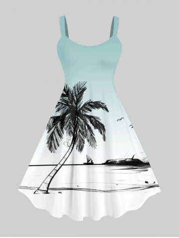 Plus Size Coconut Tree Seagull Sailboat Ombre Print Hawaii Tank Dress - MULTI-A - XS