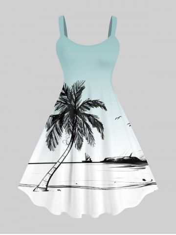 Plus Size Coconut Tree Seagull Sailboat Ombre Print Hawaii Tank Dress